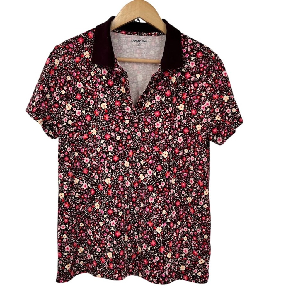 Lands End Polo Shirt Womens M Floral Excellent Supima Cotton Short Sleeve V-Neck